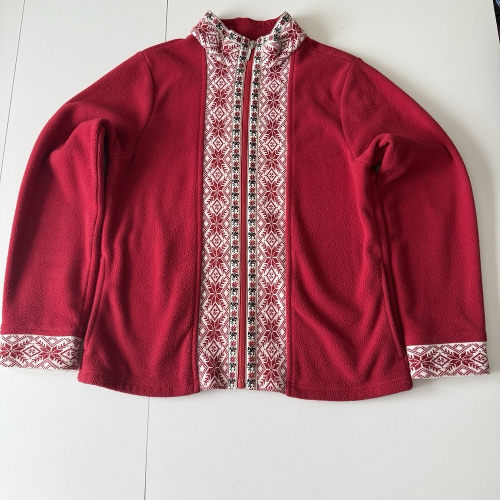 L.L. Bean Nordic Fair‎ Isle Full Zip Fleece Jacket Women's Red Snowflake M Cozy